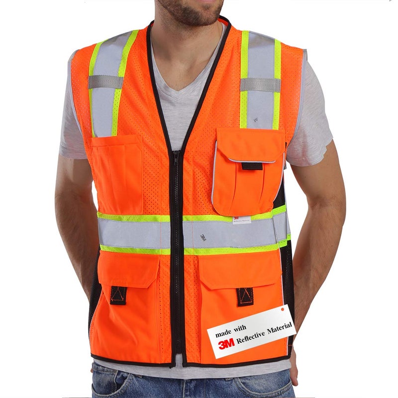 Dib Safety سترة ديب السلامة العاكسة برتقالية الشبك، سترة عالية الوضوح مع جيوب وسحاب، فئة ANSI 2 ثقيلة، مصنوعة بشريط عاكس من 3M س - Image 1